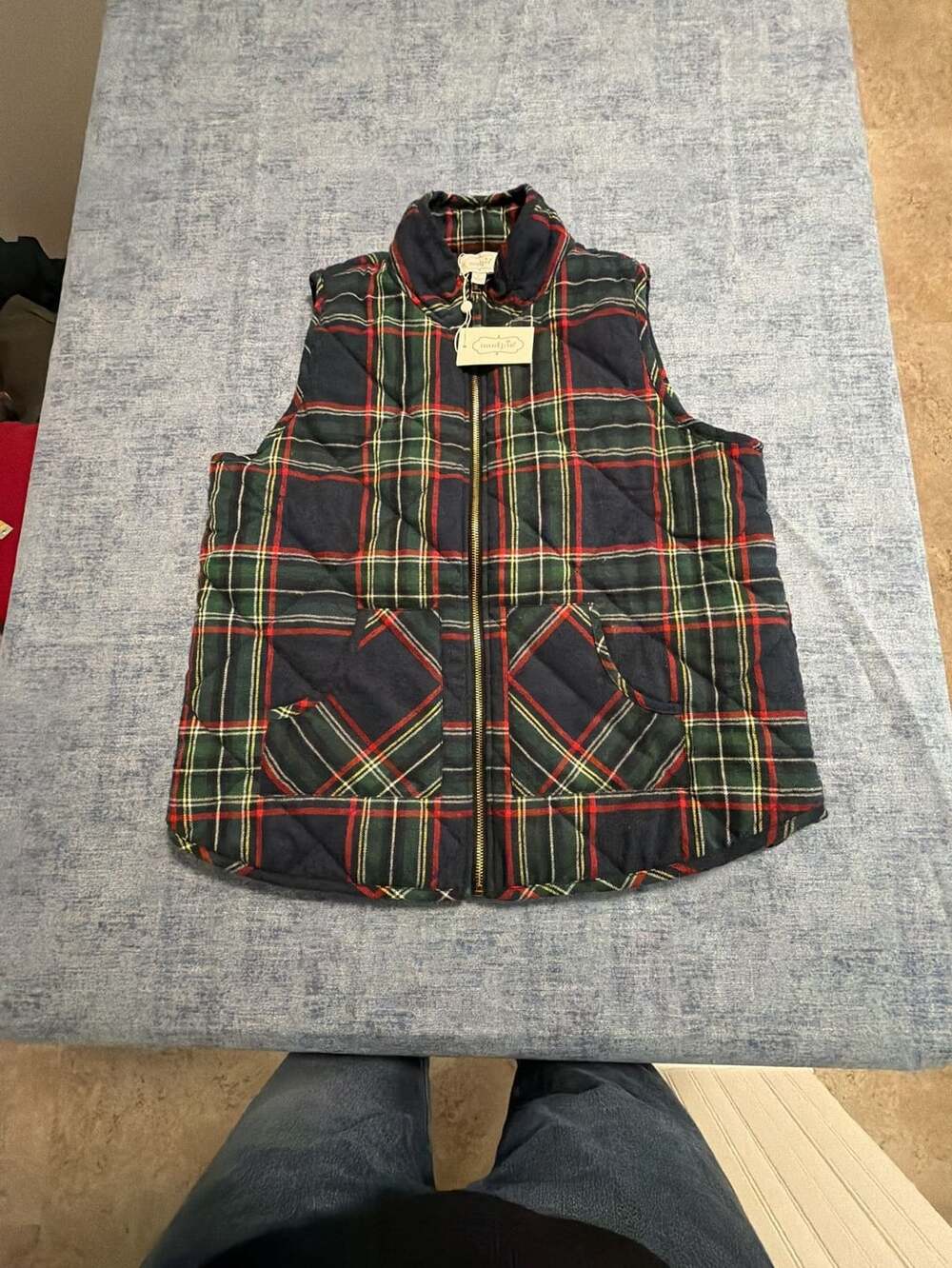 Mud Pie Quilted Tartan Plaid Vest Size L Zip Pockets Lined